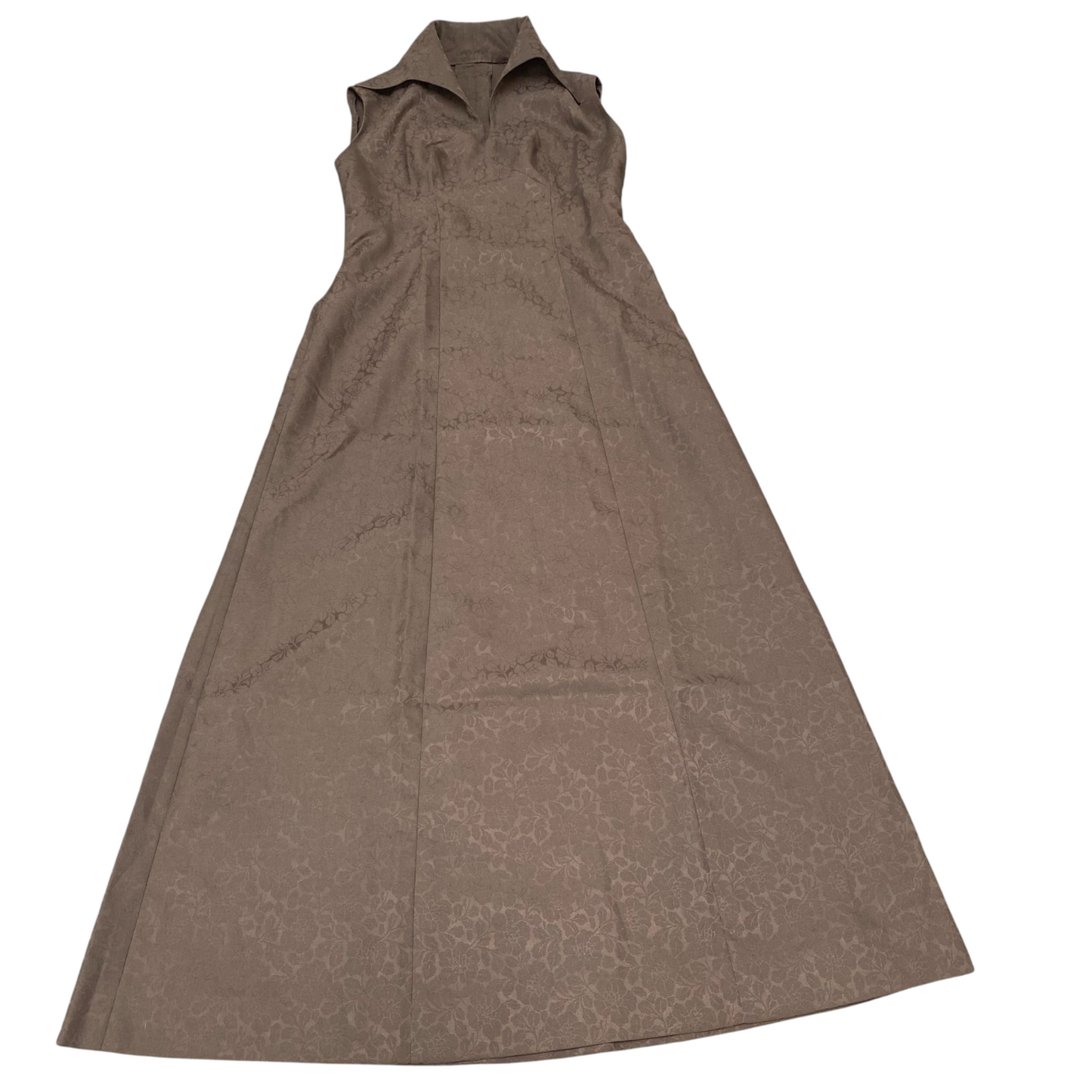 Womens Long Maxi A Line Dress S Brown Floral Sleeveless Collared V Neck Pullover