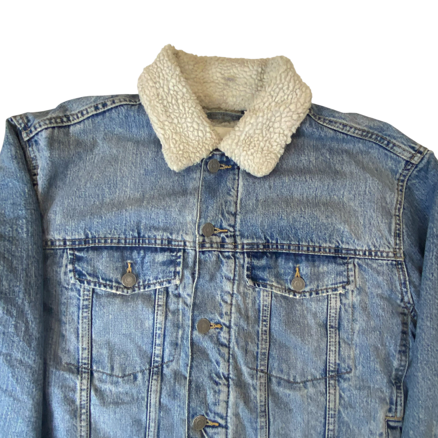 H&M Trucker Jacket Mens L Blue Denim Stone Wash Sherpa Lined Collar Button Front