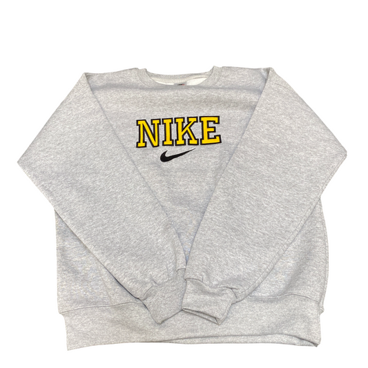 Nike Reworked Sweatshirt Mens Medium Grey Embroidered Spellout Logo Vintage Y2K