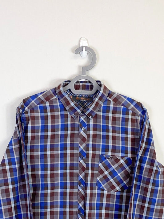 Ben Sherman Shirt Men Medium Brown Plaid Long Sleeve Casual Collared Button Down