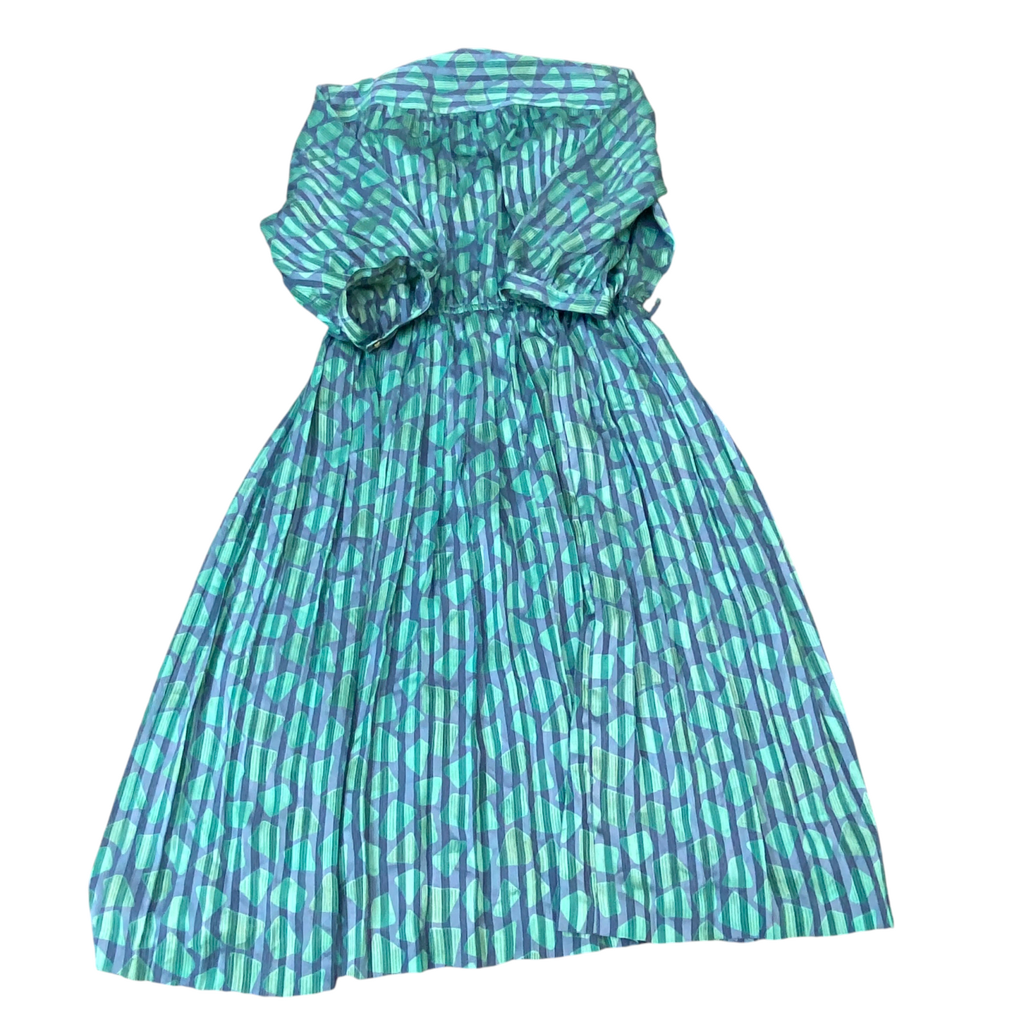 Caro Lanian A Line Dress Womens L Green Blue Geometric Pleated Button Front