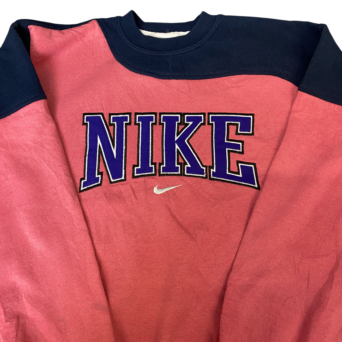 Nike Reworked Sweatshirt Mens Small Navy Pink Embroidered Spellout Logo Vtg Y2K