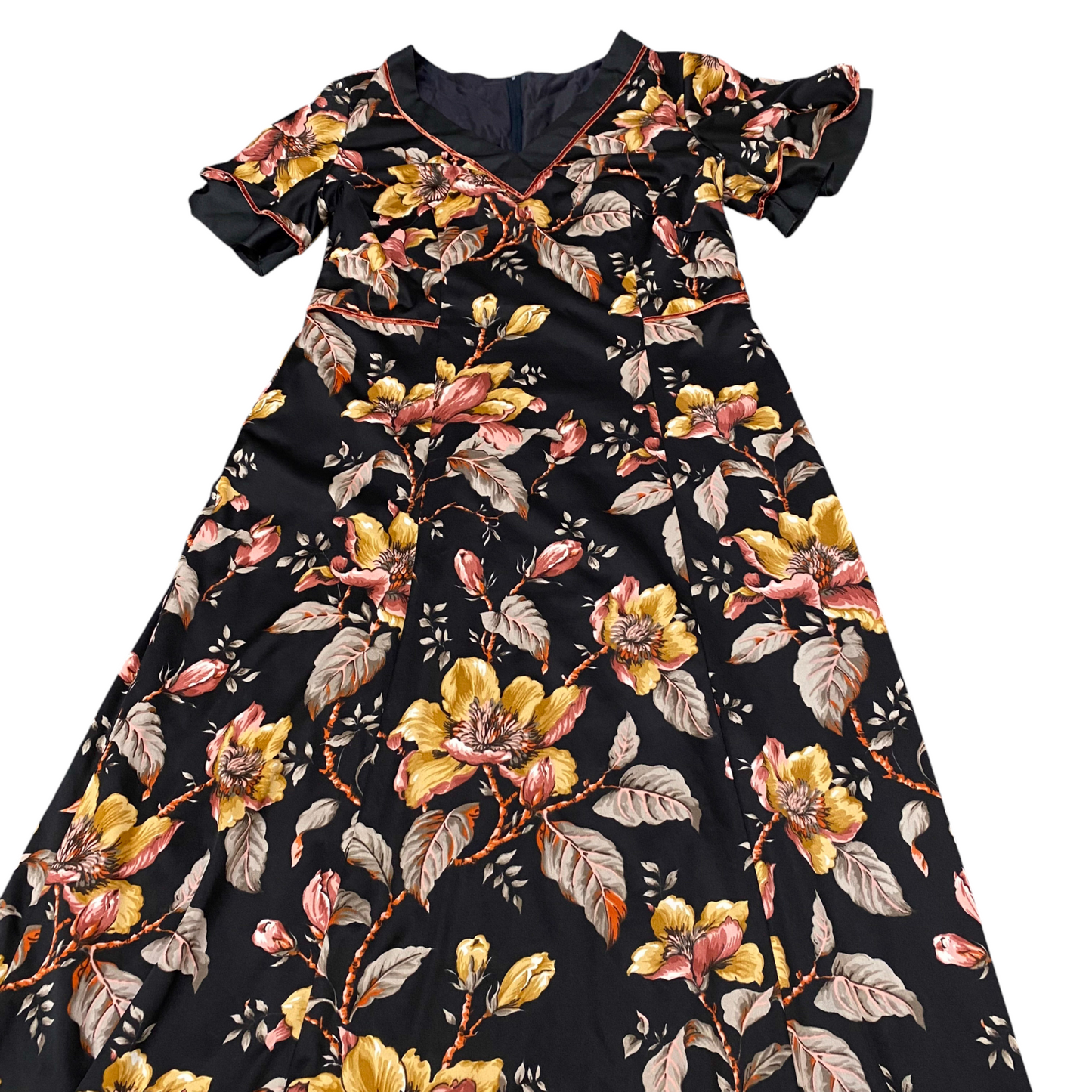 Long Maxi Dress Womens M Black Floral Casual Short Sleeve V-Neck Back Zipper