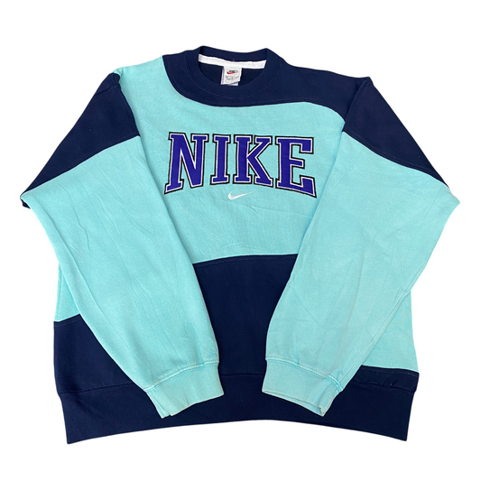 Nike Reworked Sweatshirt Mens M Navy Aqua Embroidered Spellout Logo Vintage Y2K