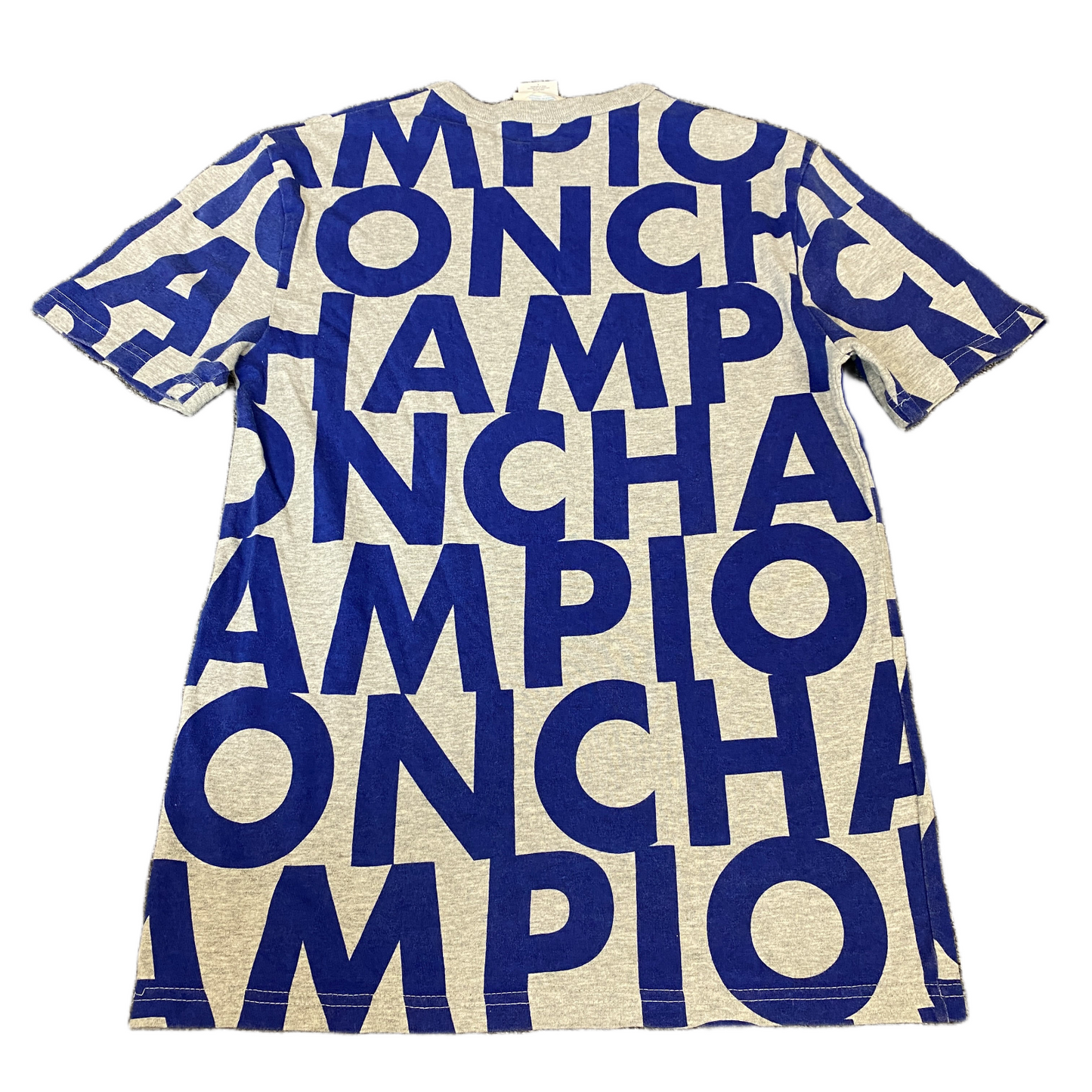 Champion T-Shirt Mens Small Grey Blue All-Over Logo Print Crew Neck Pullover Tee