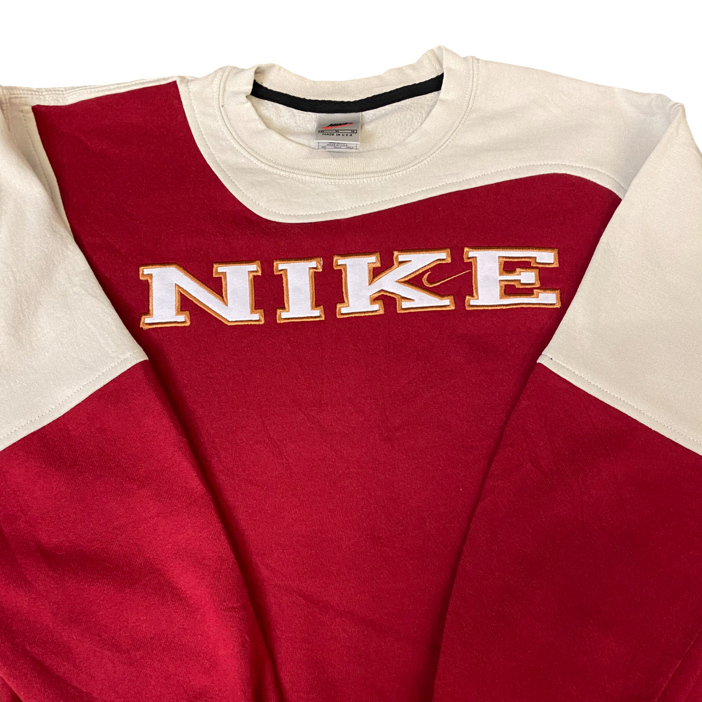 Nike Reworked Sweatshirt Mens M Red Beige Embroidered Spellout Logo Vintage Y2K