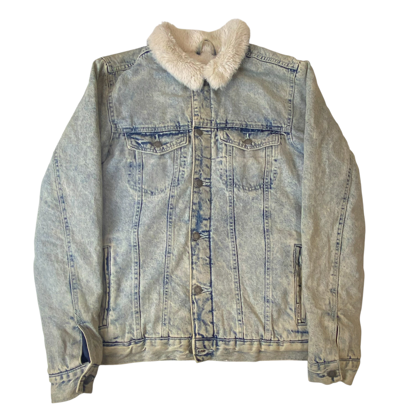 Pull&Bear Denim Makers Trucker Jacket Men L Blue Faux Shearling Lined Collared