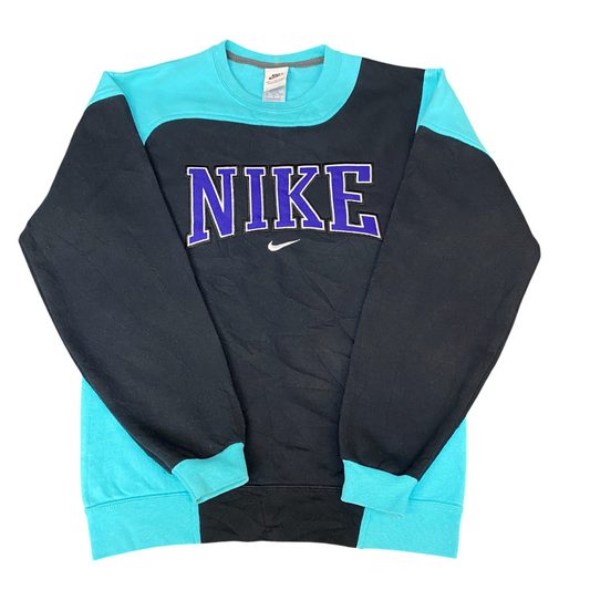 Nike Reworked Sweatshirt Mens S Aqua Black Embroidered Spellout Logo Vintage Y2K