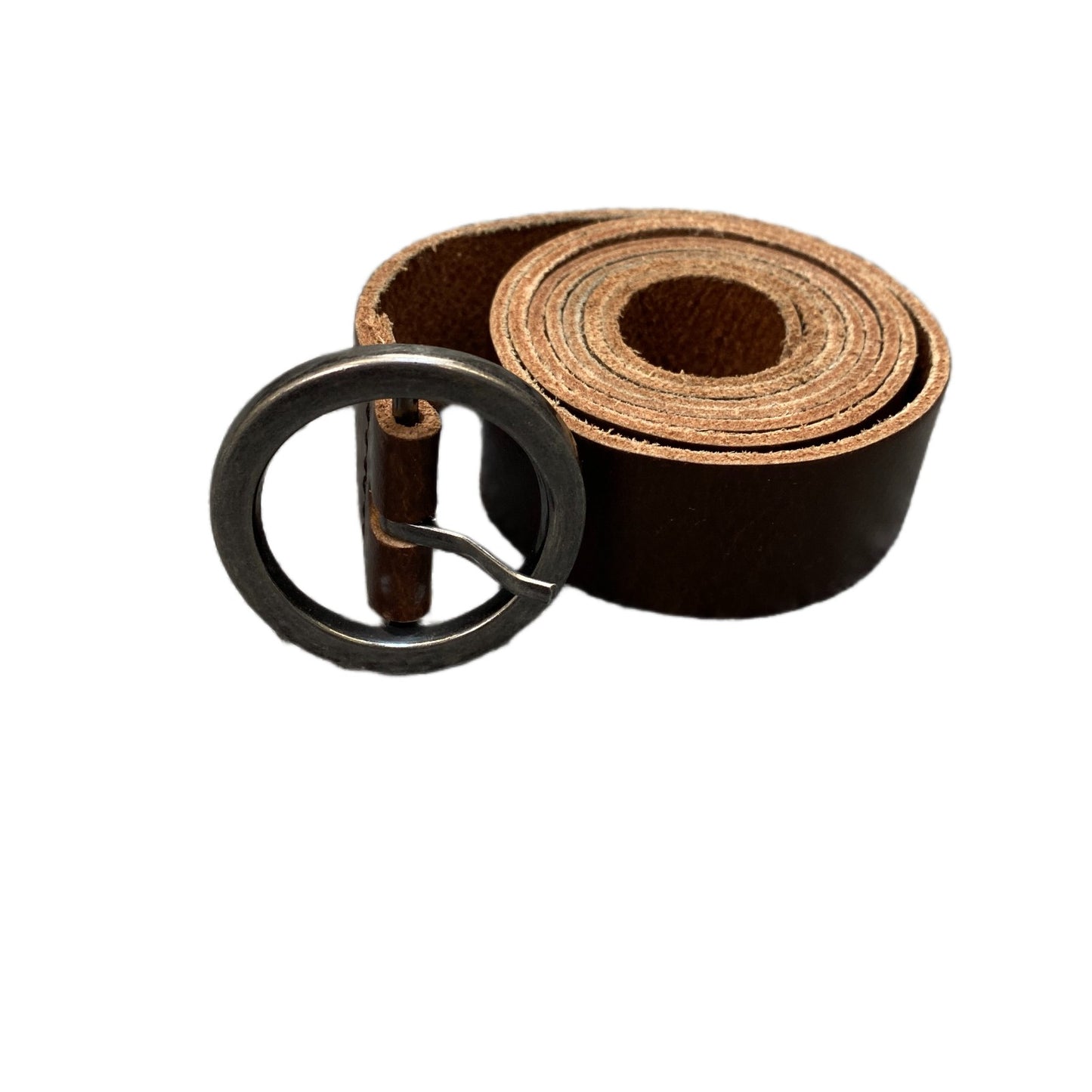 Vintage Waist Belt Mens Brown Leather Adjustable Round Shape Buckle 48 Inches
