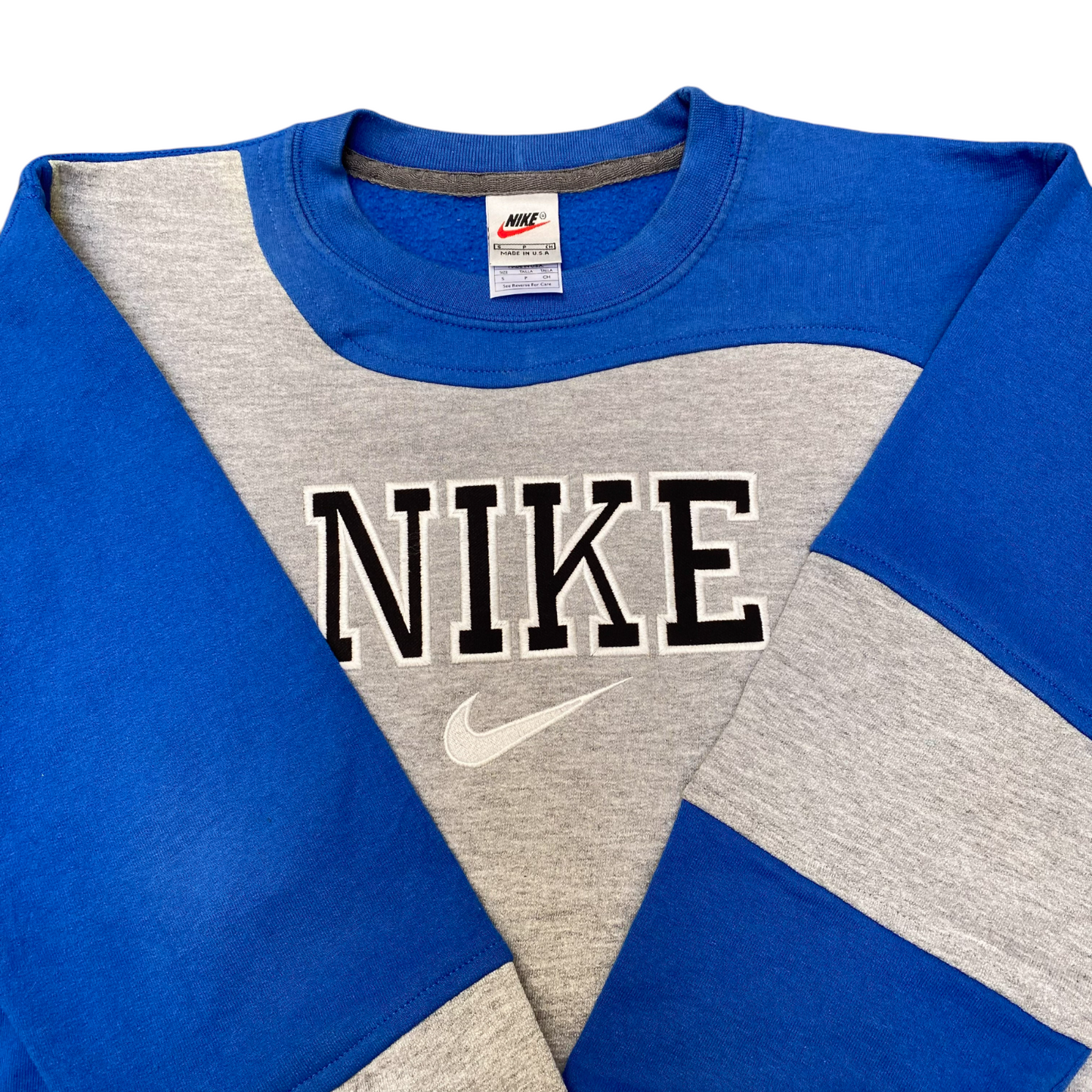 Nike Reworked Sweatshirt Mens Small Blue Grey Embroidered Spellout Logo Vtg Y2K