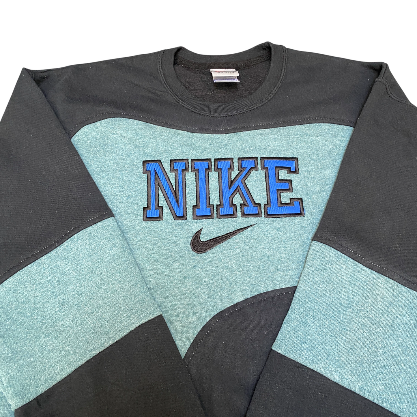 Nike Reworked Sweatshirt Mens M Black Blue Embroidered Spellout Logo Vintage Y2K
