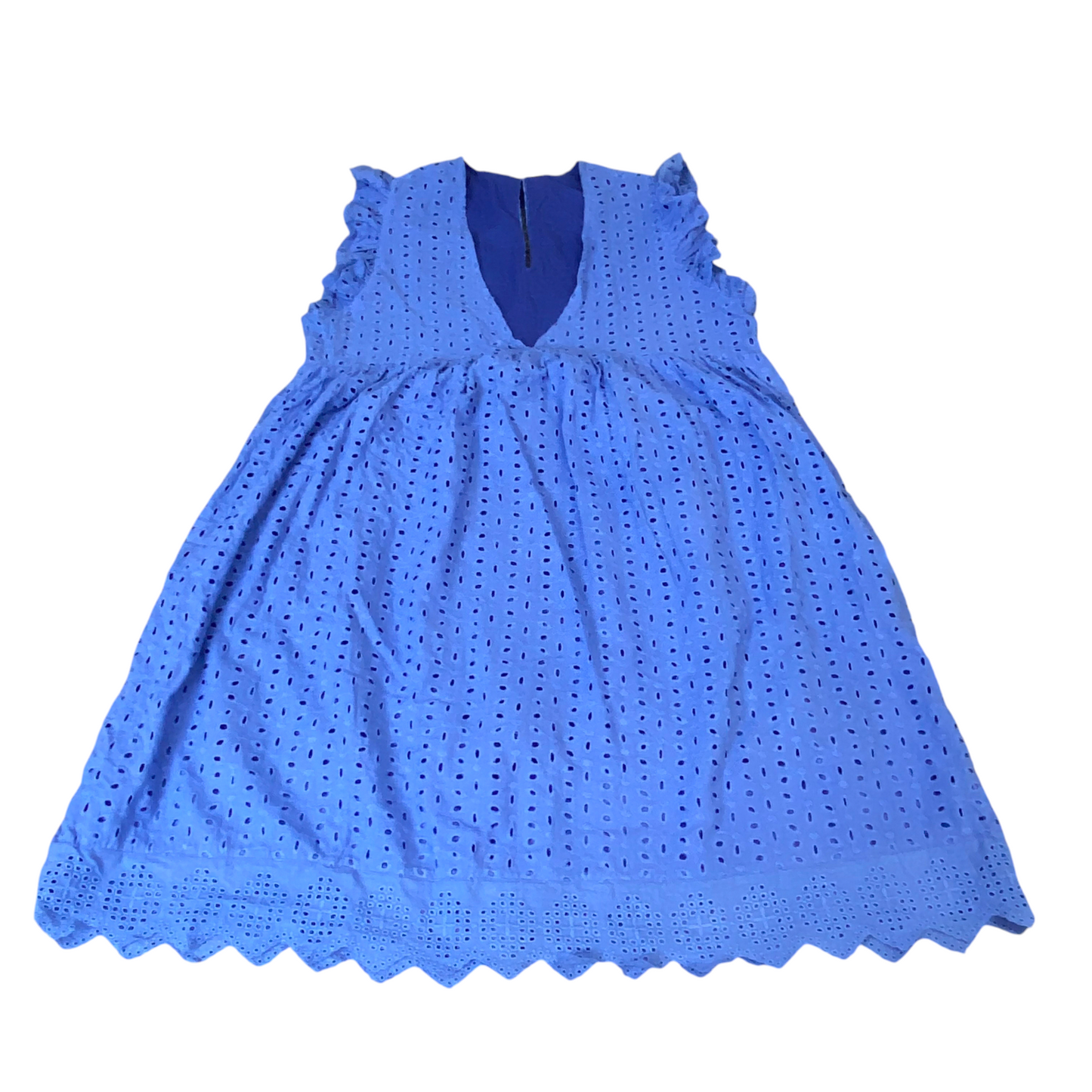 Jarolin A-Line Dress Womens M Blue Embroidered Eyelet Deep V-Neck Scallop Hem