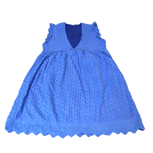 Jarolin A-Line Dress Womens M Blue Embroidered Eyelet Deep V-Neck Scallop Hem