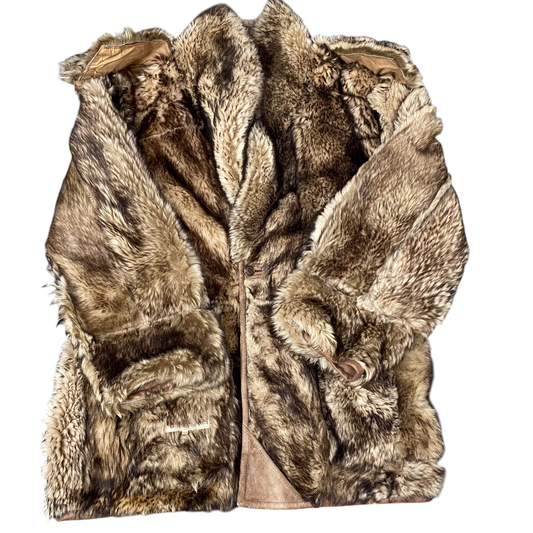 Jauginal Shearling Faux Fur Coat Mens Large Brown Cozy Warm Winter Button Front