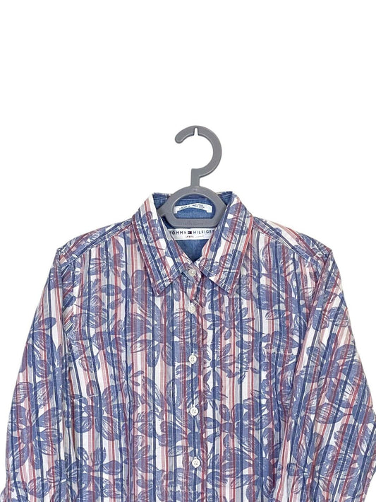 Tommy Hilfiger Shirt Women Medium Blue Striped Floral Collared Button Down