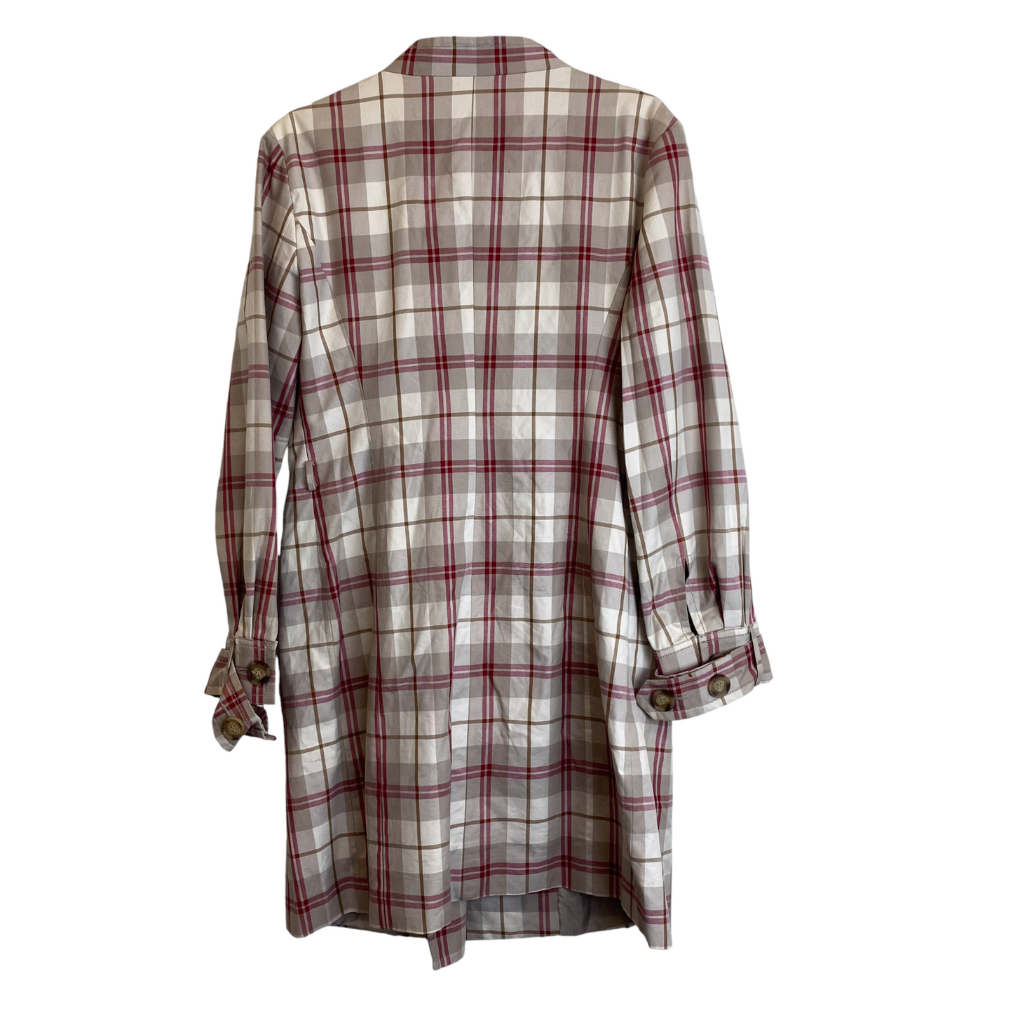 Trench Coat Womens M Cream Red Plaid Pockets Long Sleeve Button Front Outdoor