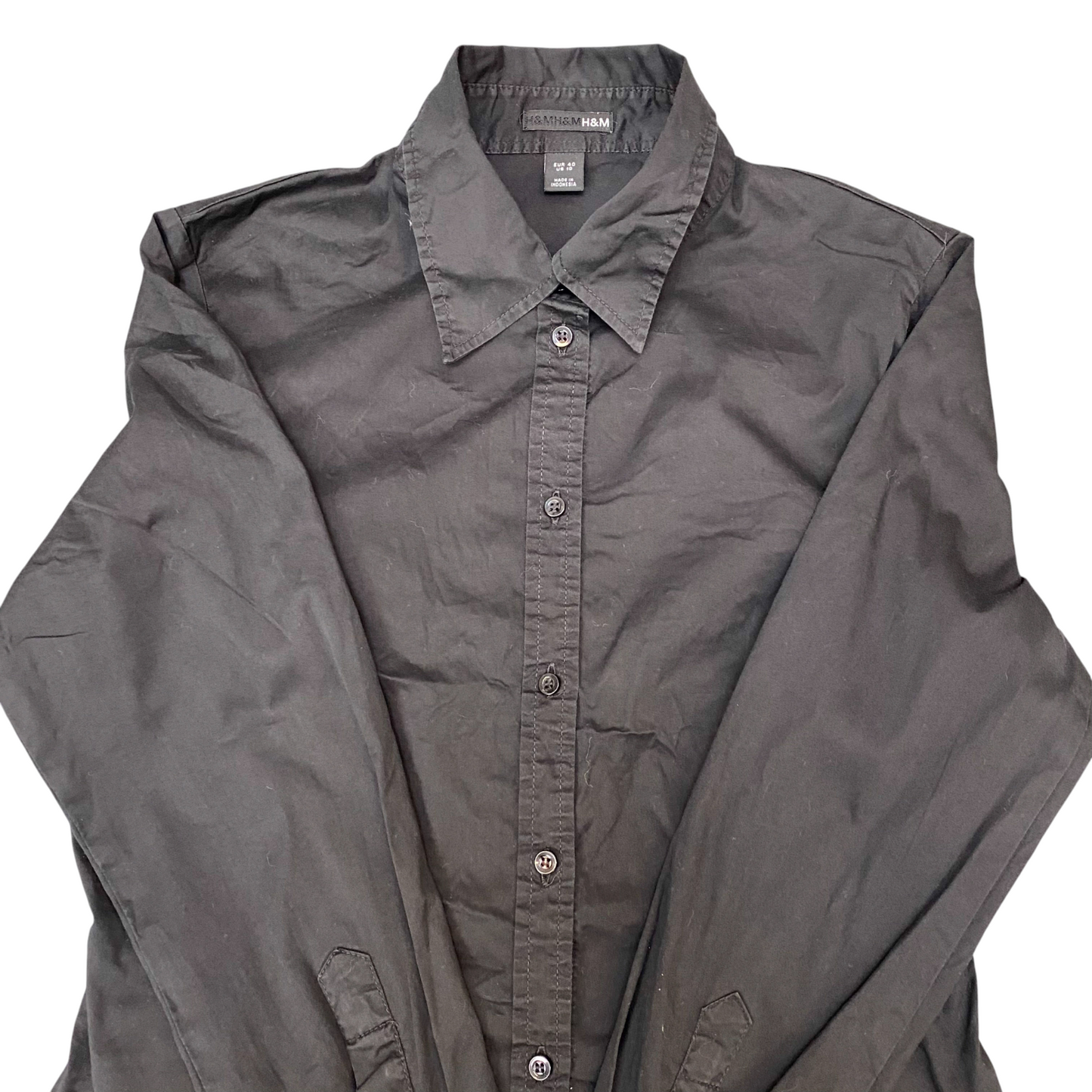 H&M Shirt Top Womens S Black Solid Long Sleeve Collared Button Down Comfort