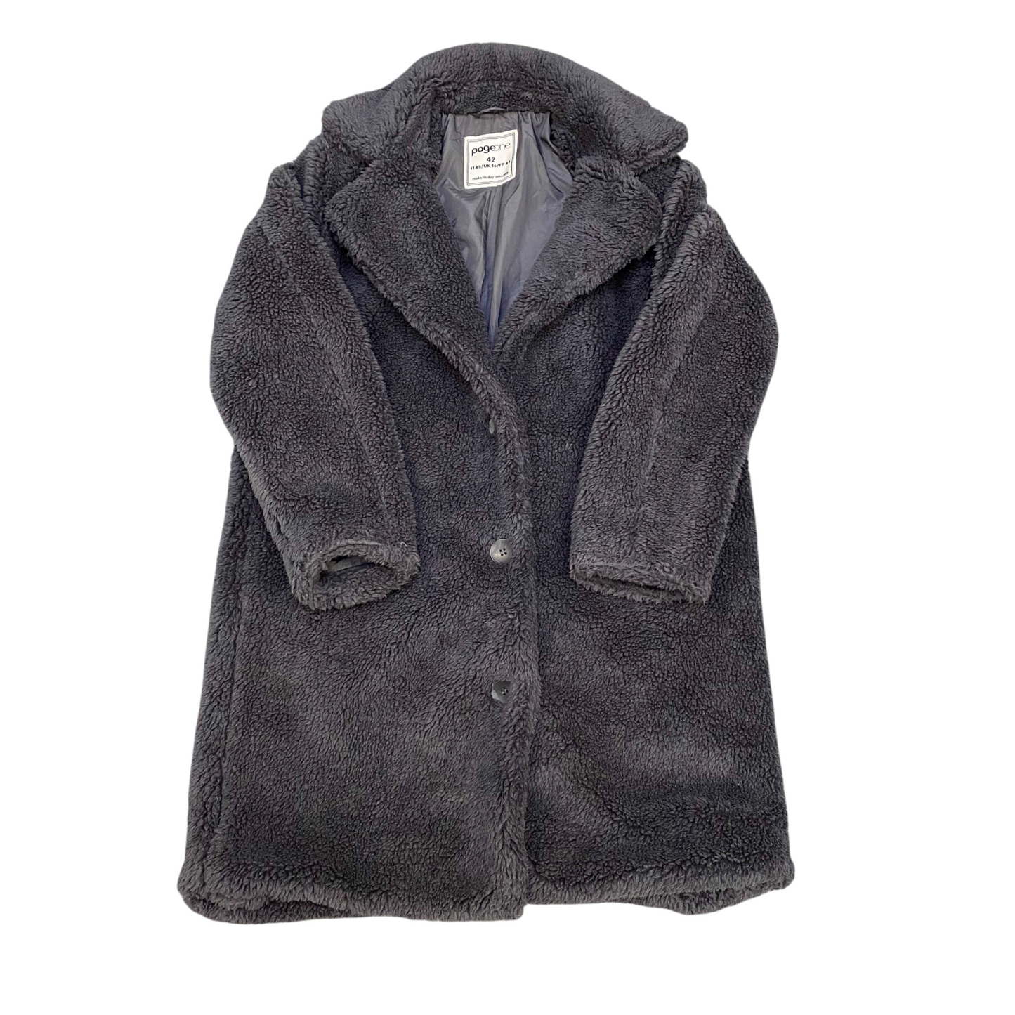 Page One Faux Fur Teddy Coat Womens L Grey Long Sleeve Notch Lapel Button Front