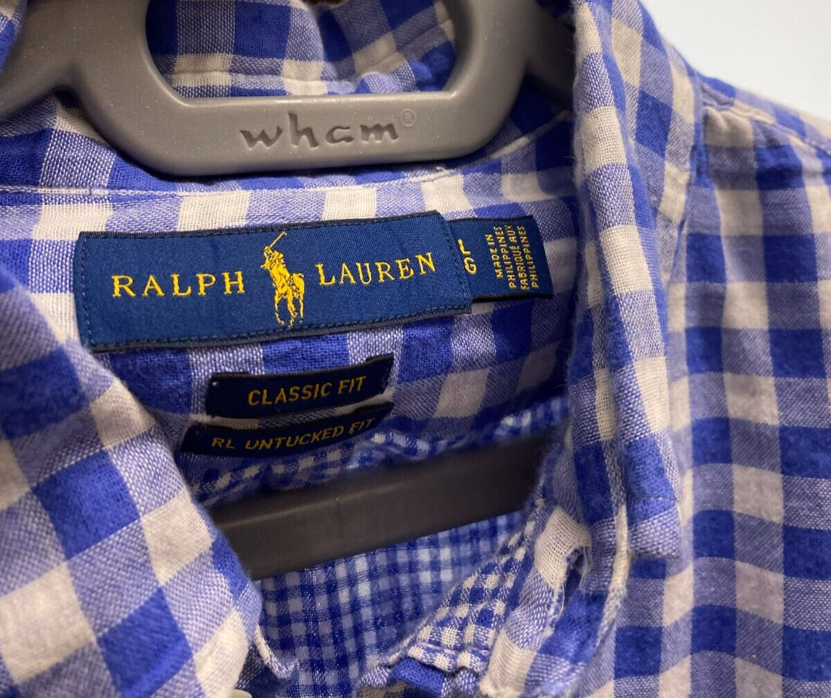 Ralph Lauren Shirt Mens L Blue Checkered Untucked Fit Blue Small Polo Pony Logo