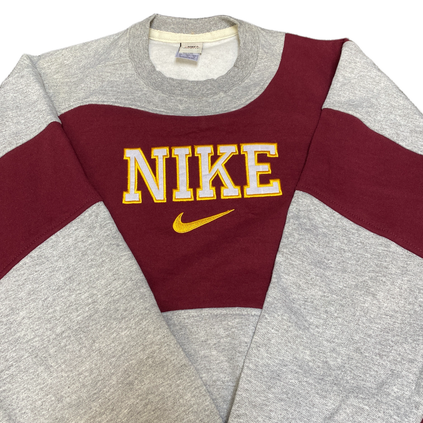 Nike Reworked Sweatshirt Mens XL Grey Maroon Embroidered Spellout Logo Vtg Y2K