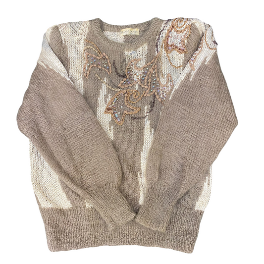 Vent De Vert Jumper Womens Medium Cream Knit Beaded Embroidered Floral Crew Neck