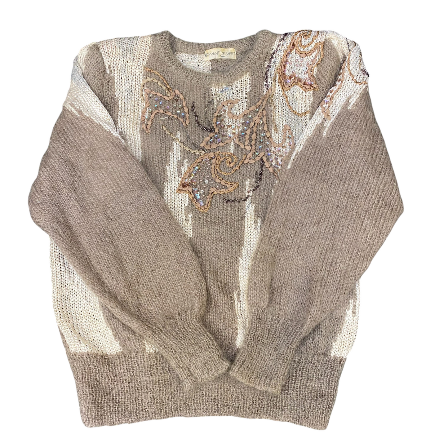 Vent De Vert Jumper Womens Medium Cream Knit Beaded Embroidered Floral Crew Neck