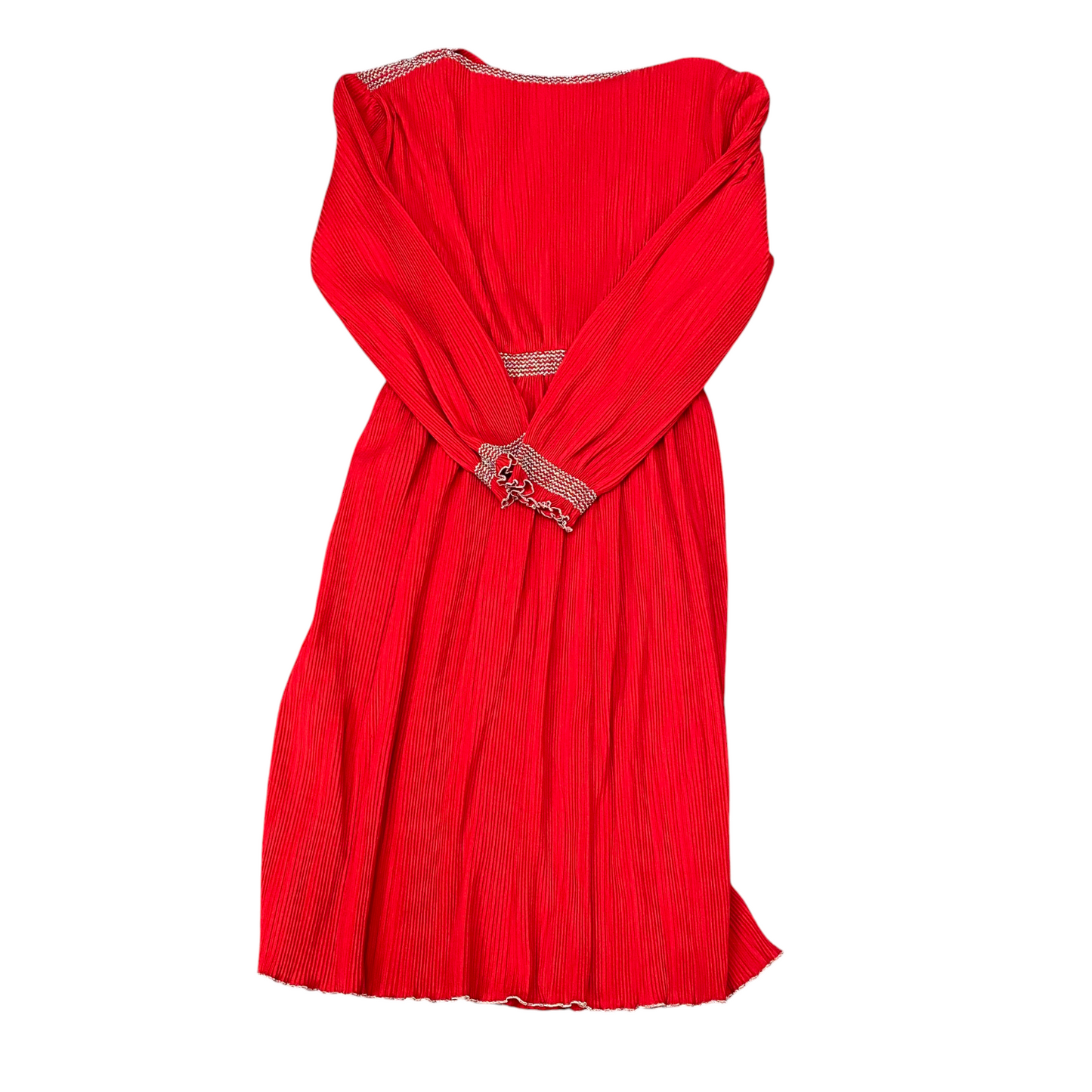 Womens Maxi Dress M Red Solid Ribbed Pleated Lace Trim Casual Boat Neck Pullover