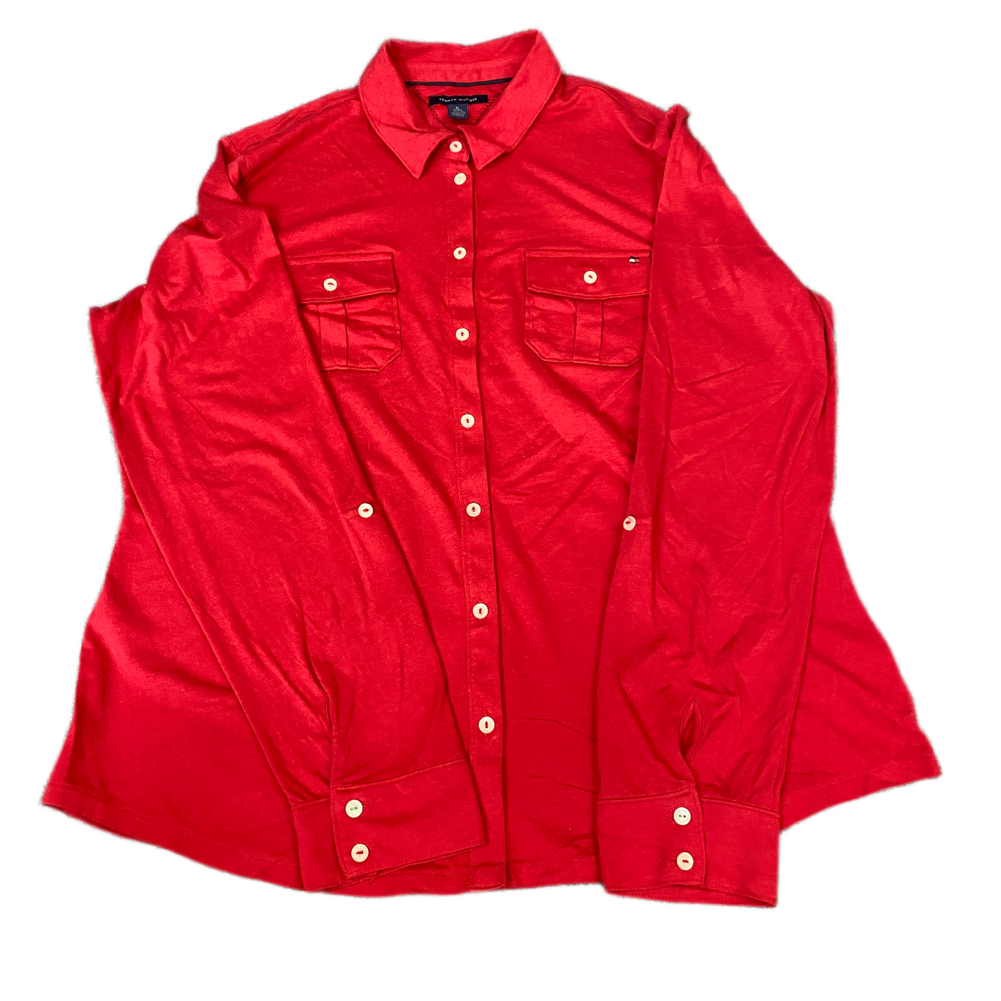 Tommy Hilfiger Shirt Womens L Red Long Sleeve Detail Pocket Collared Button Up