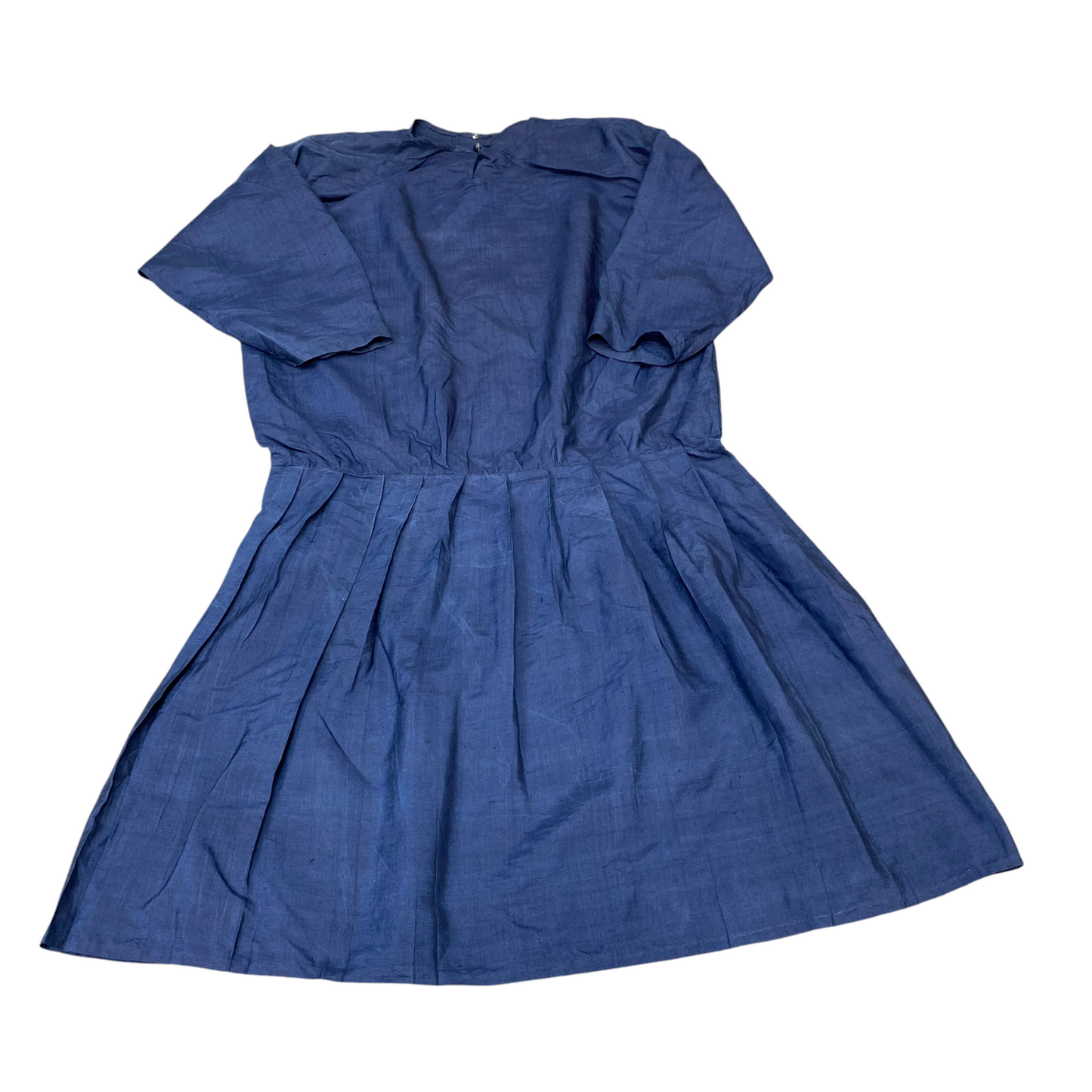 Womens Midi Dress L Blue Solid Pleated Long Sleeve Keyhole Round Neck Pullover