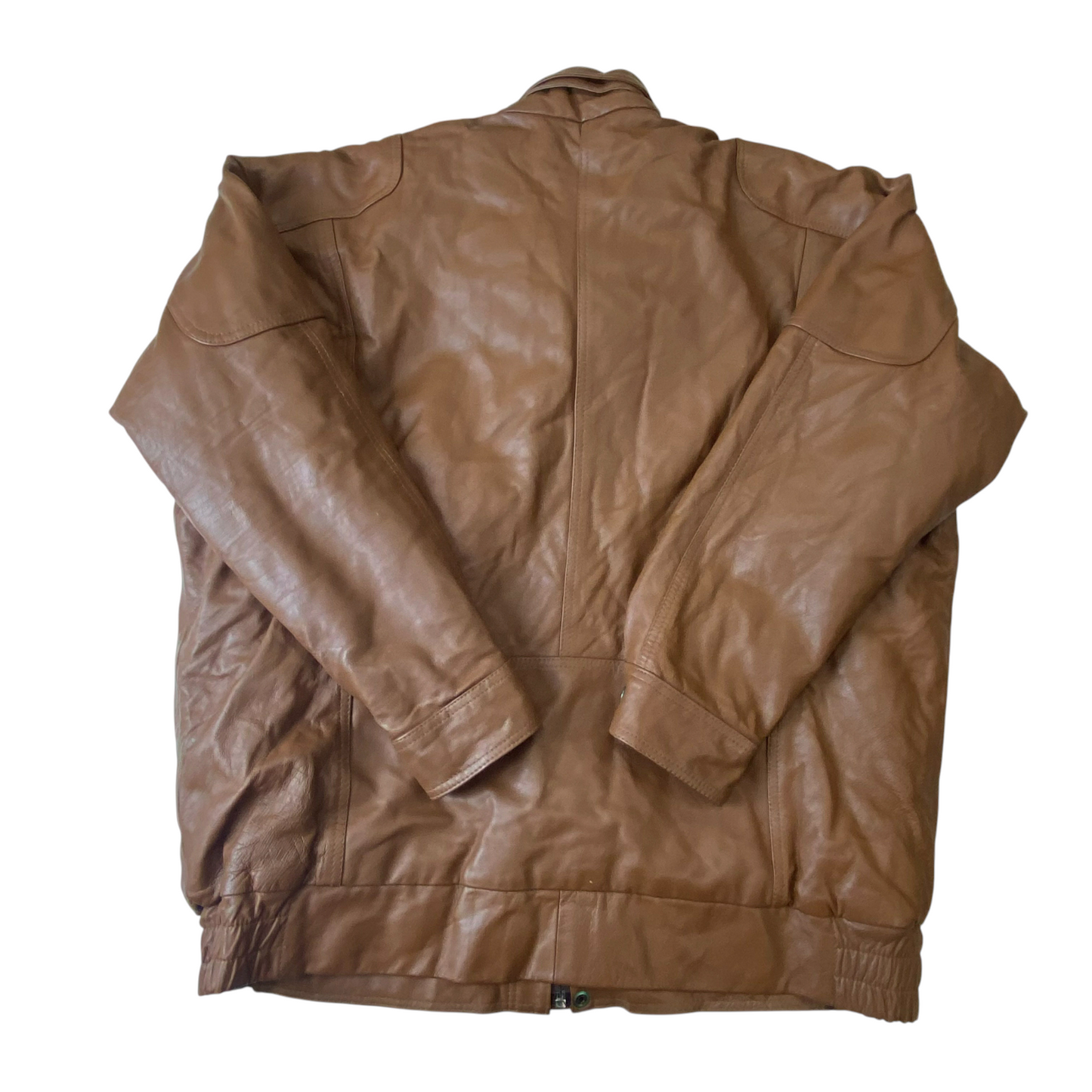 Mens Faux Leather Jacket Medium Brown Lined Collared Snap Button Elasticated Hem