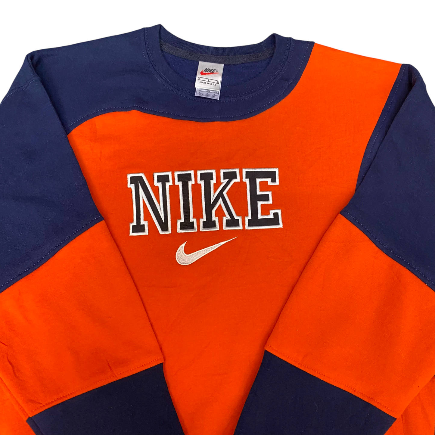 Nike Reworked Sweatshirt Men L Orange Navy Embroidered Spellout Logo Vintage Y2K