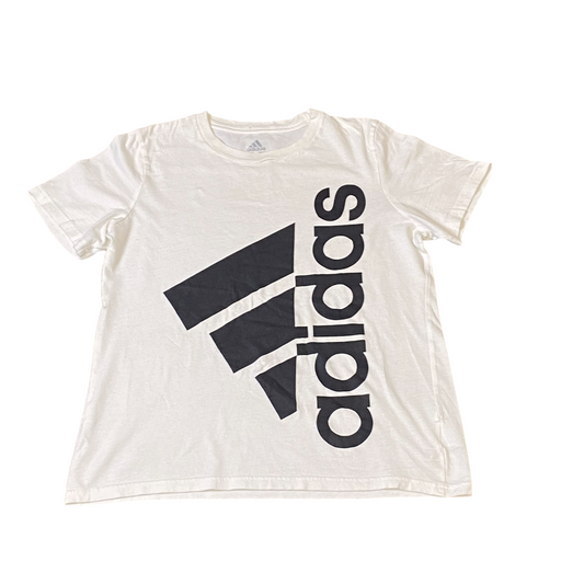 adidas T Shirt Boys Medium White 3 Stripes Logo Short Sleeve Wrinkled Pullover