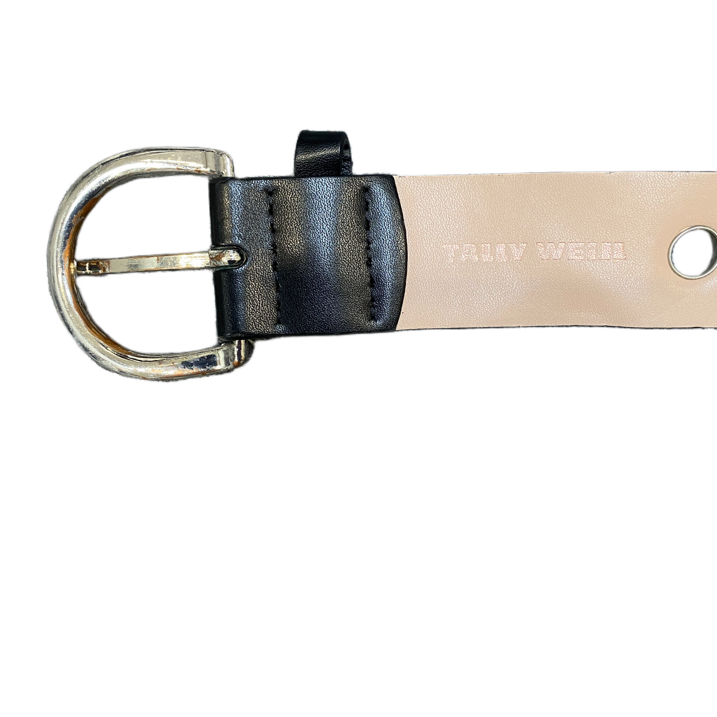 Tally Weijl Waist Belt Womens Black Leather Hole Eyelet Silver Buckle 40 inches