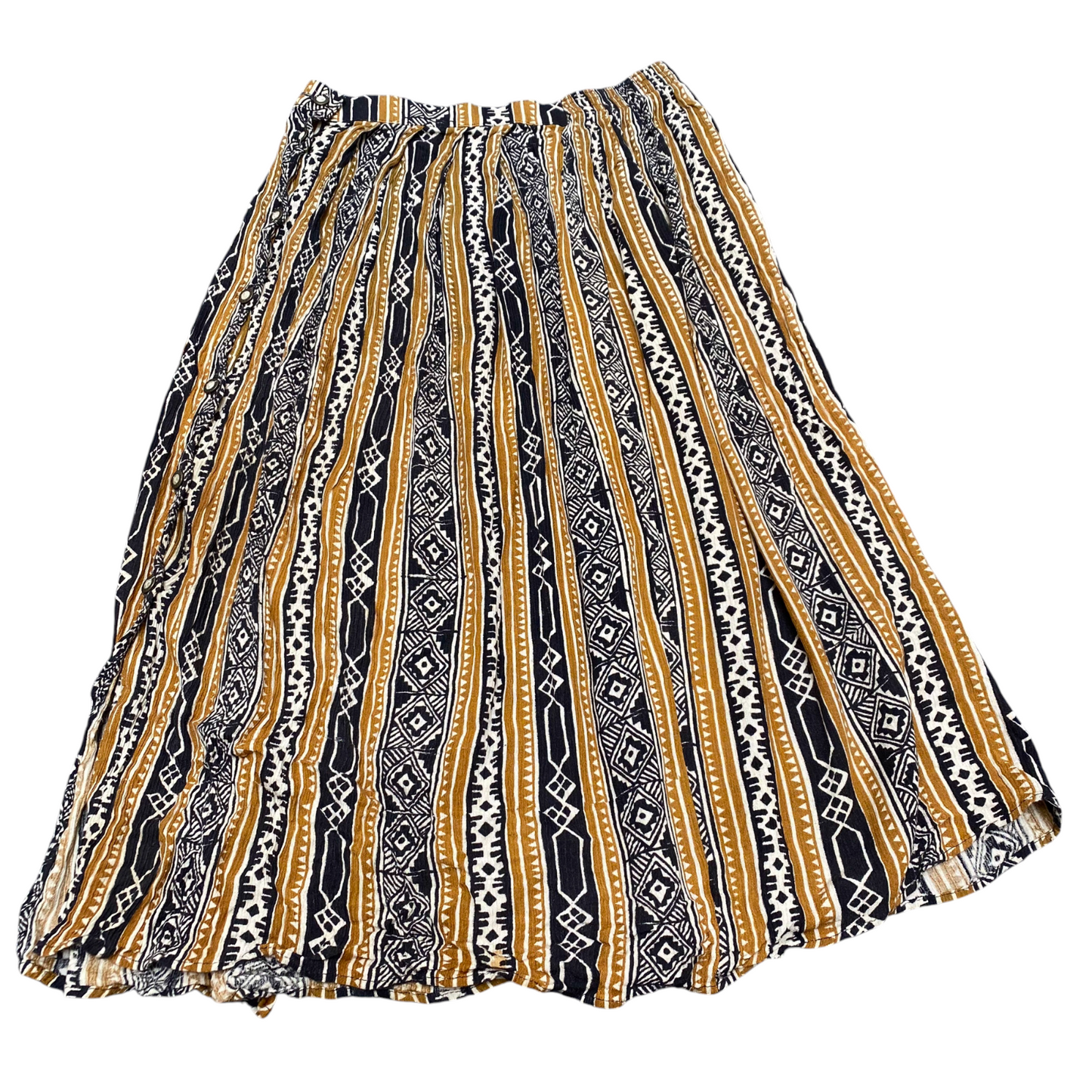 Womens Maxi Skirt M Black Yellow Aztec Print Knee Length Pleated Elastic Waist