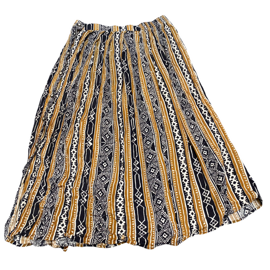 Womens Maxi Skirt M Black Yellow Aztec Print Knee Length Pleated Elastic Waist