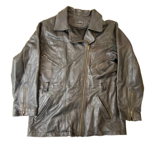 Womens Leather Motorcycle Jacket Medium Black Lined Collared Asymmetrical Zip