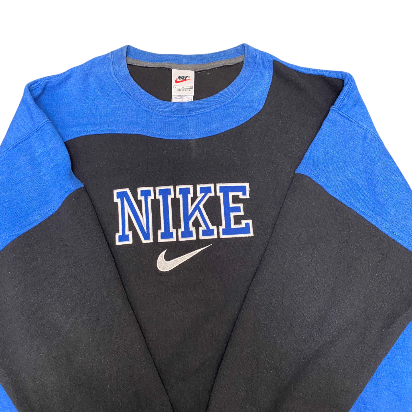 Nike Reworked Sweatshirt Mens L Blue Black Embroidered Spell Out Logo Crew Neck
