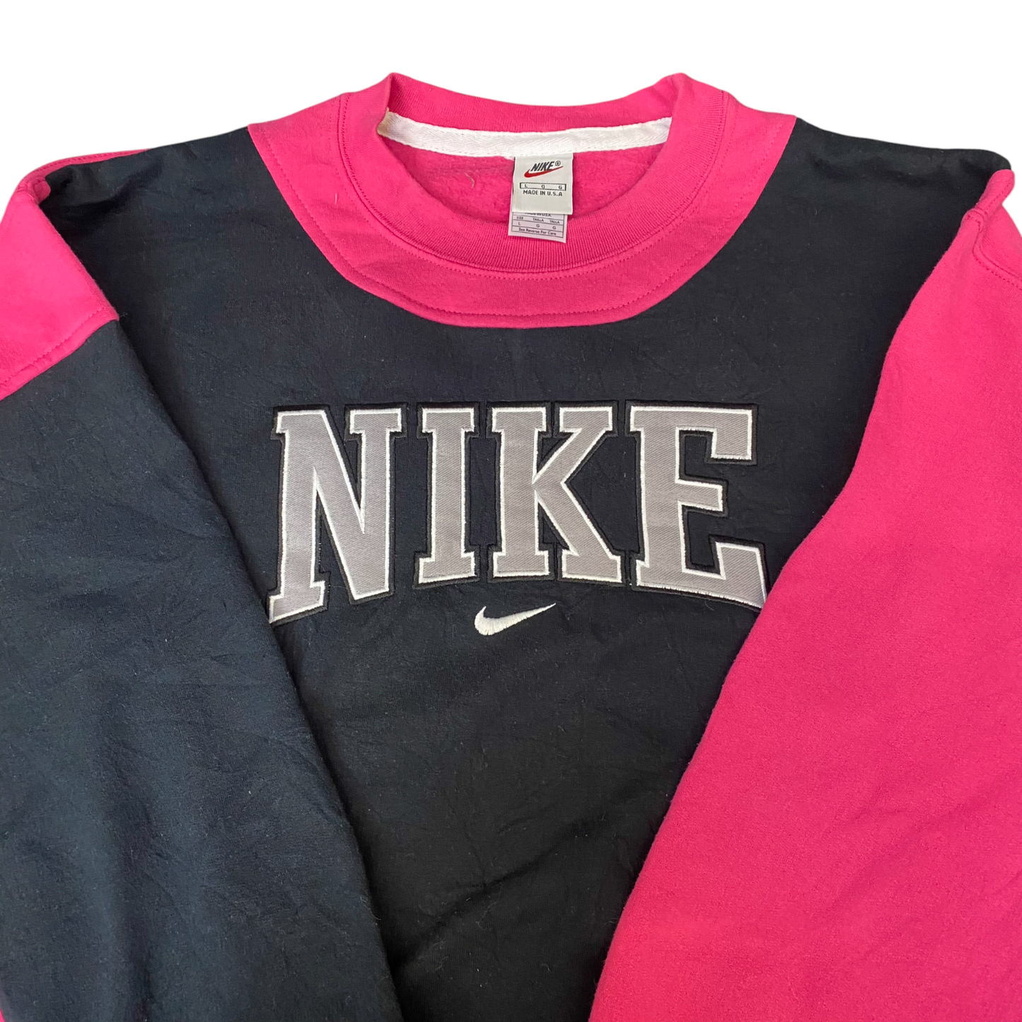 Nike Reworked Sweatshirt Mens L Pink Black Embroidered Spellout Logo Vintage Y2K