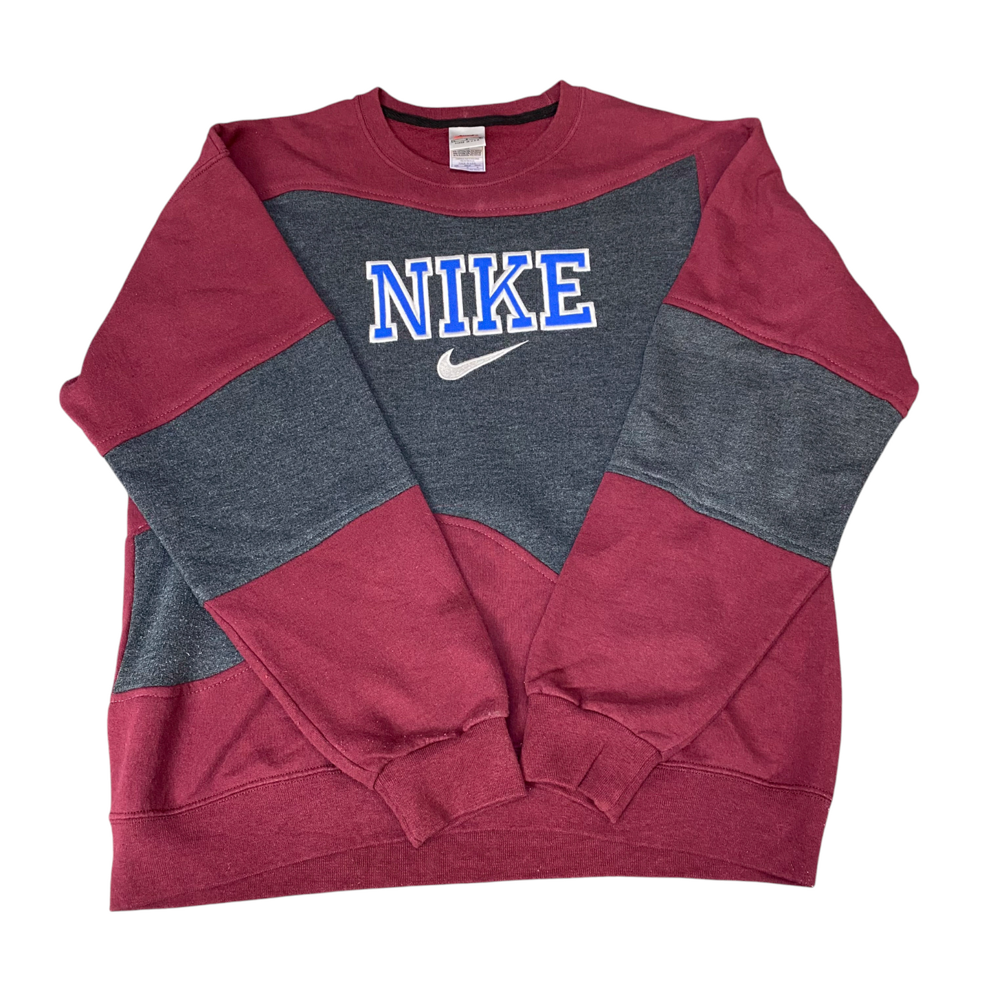 Nike Reworked Sweatshirt Men L Maroon Grey Embroidered Spellout Logo Vintage Y2K