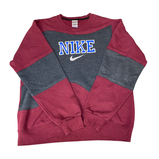 Nike Reworked Sweatshirt Men L Maroon Grey Embroidered Spellout Logo Vintage Y2K