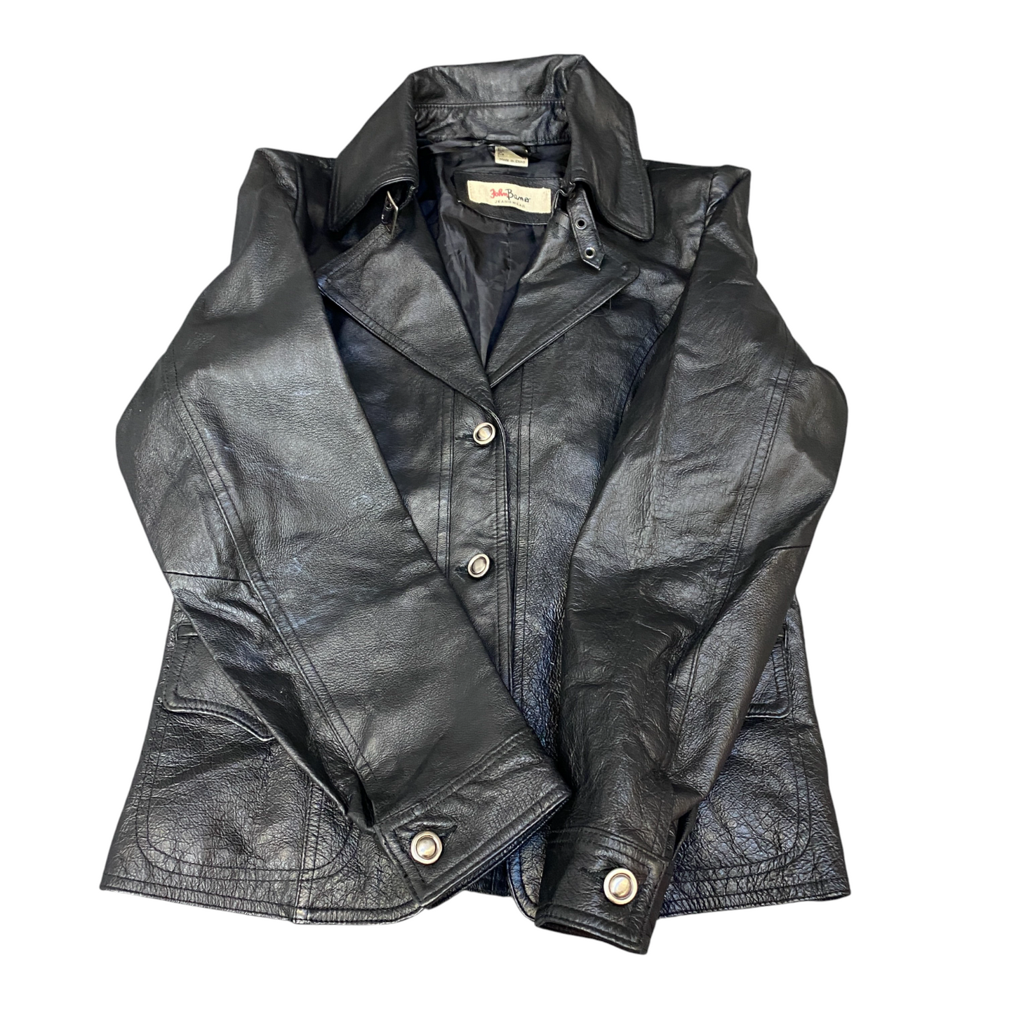 John Baner Real Leather Blazer Jacket Womens Medium Black Collar Single Breasted