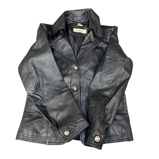 John Baner Real Leather Blazer Jacket Womens Medium Black Collar Single Breasted