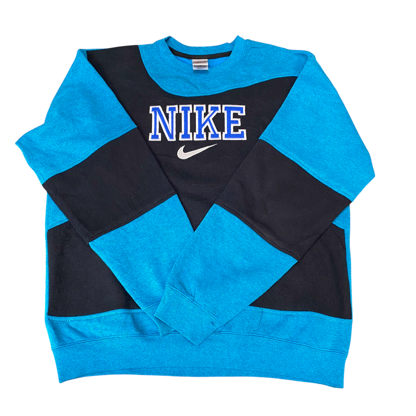 Nike Reworked Sweatshirt Mens L Black Blue Embroidered Spellout Logo Vintage Y2K