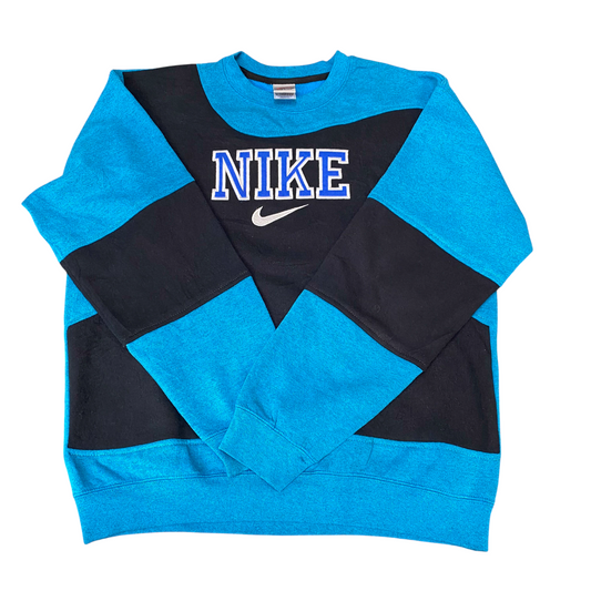 Nike Reworked Sweatshirt Mens L Black Blue Embroidered Spellout Logo Vintage Y2K