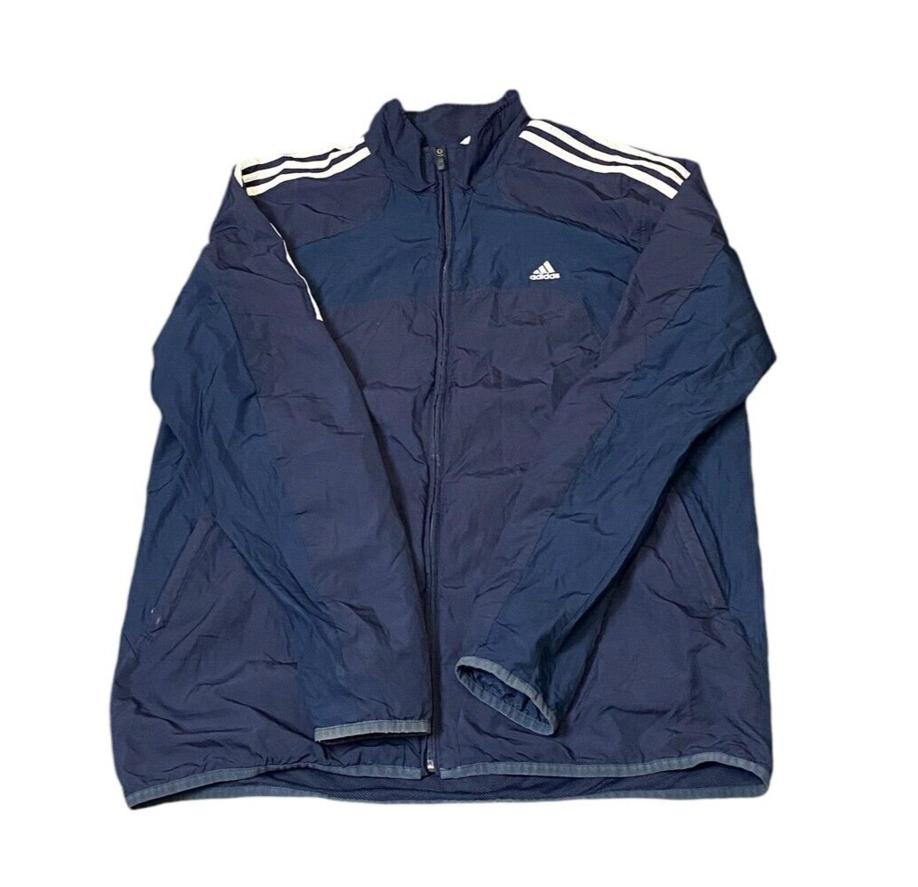 Adidas Windbreaker Jacket Mens XL Blue Waterproof Three Stripe Shoulder Full Zip