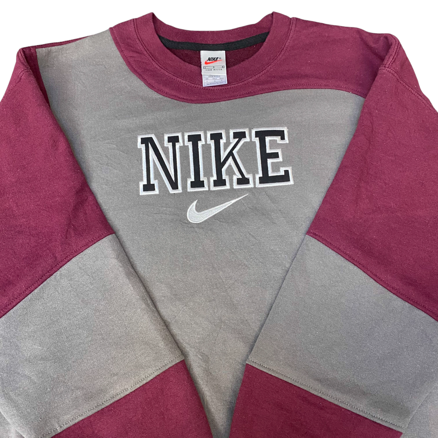 Nike Reworked Sweatshirt Mens L Burgundy Grey Embroidered Spellout Logo Vtg Y2K