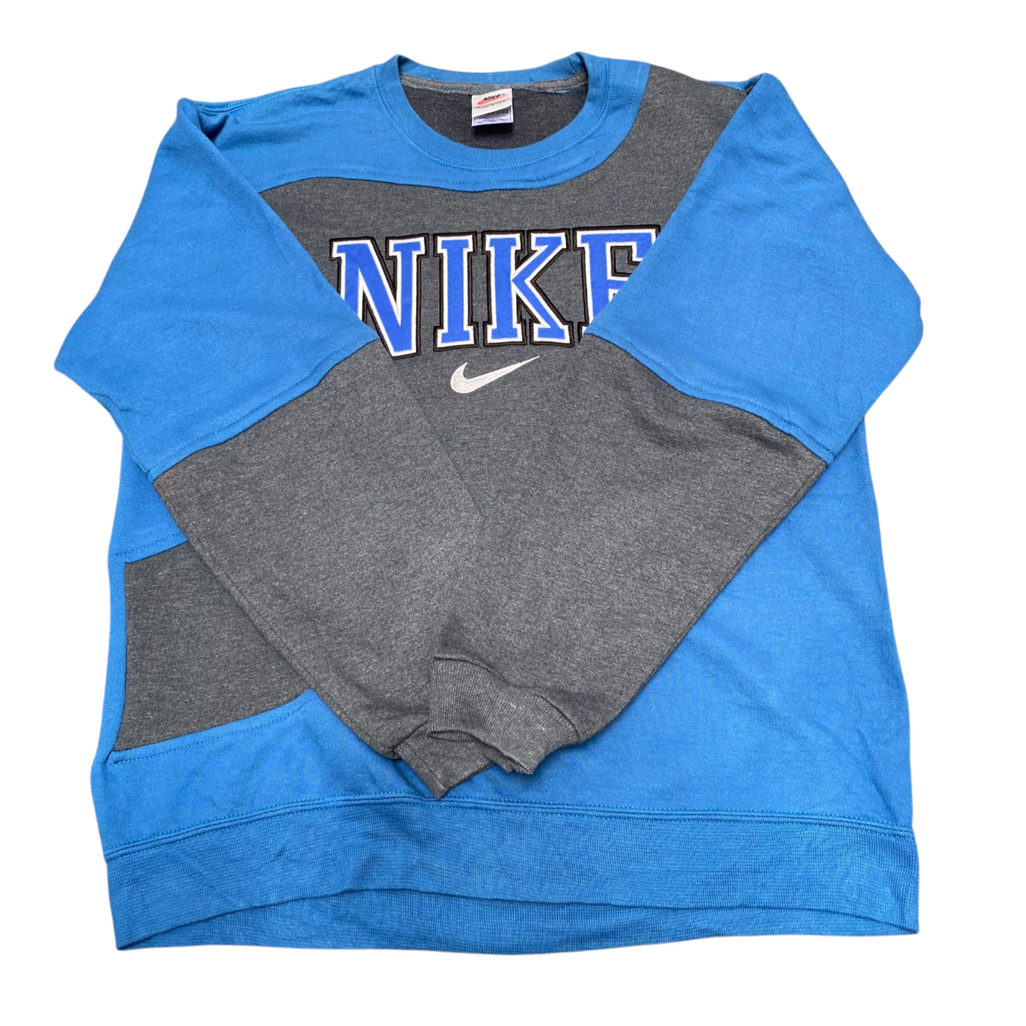 Nike Reworked Sweatshirt Mens Medium Blue Grey Embroidered Spellout Logo Vtg Y2K