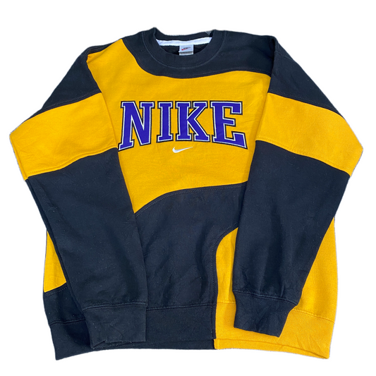 Nike Reworked Sweatshirt Mens M Yellow Black Embroidered Spellout Logo Vtg Y2K