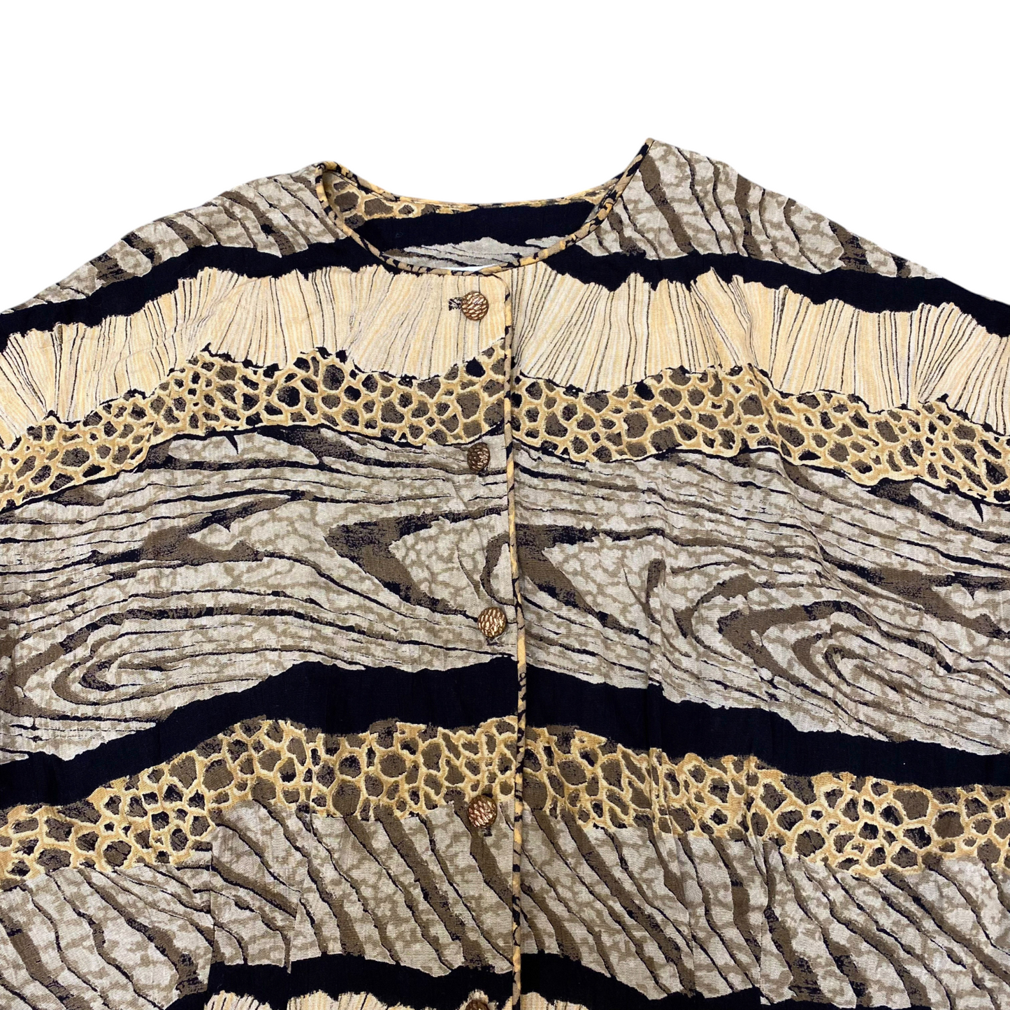 A.K.F Top Womens M Grey Brown Wood Print Sleeveless Round Neck Button Front