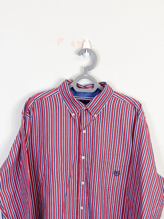 Chaps Shirt Mens XL Red Striped Cotton Easy Care Pocket Collared Button Down